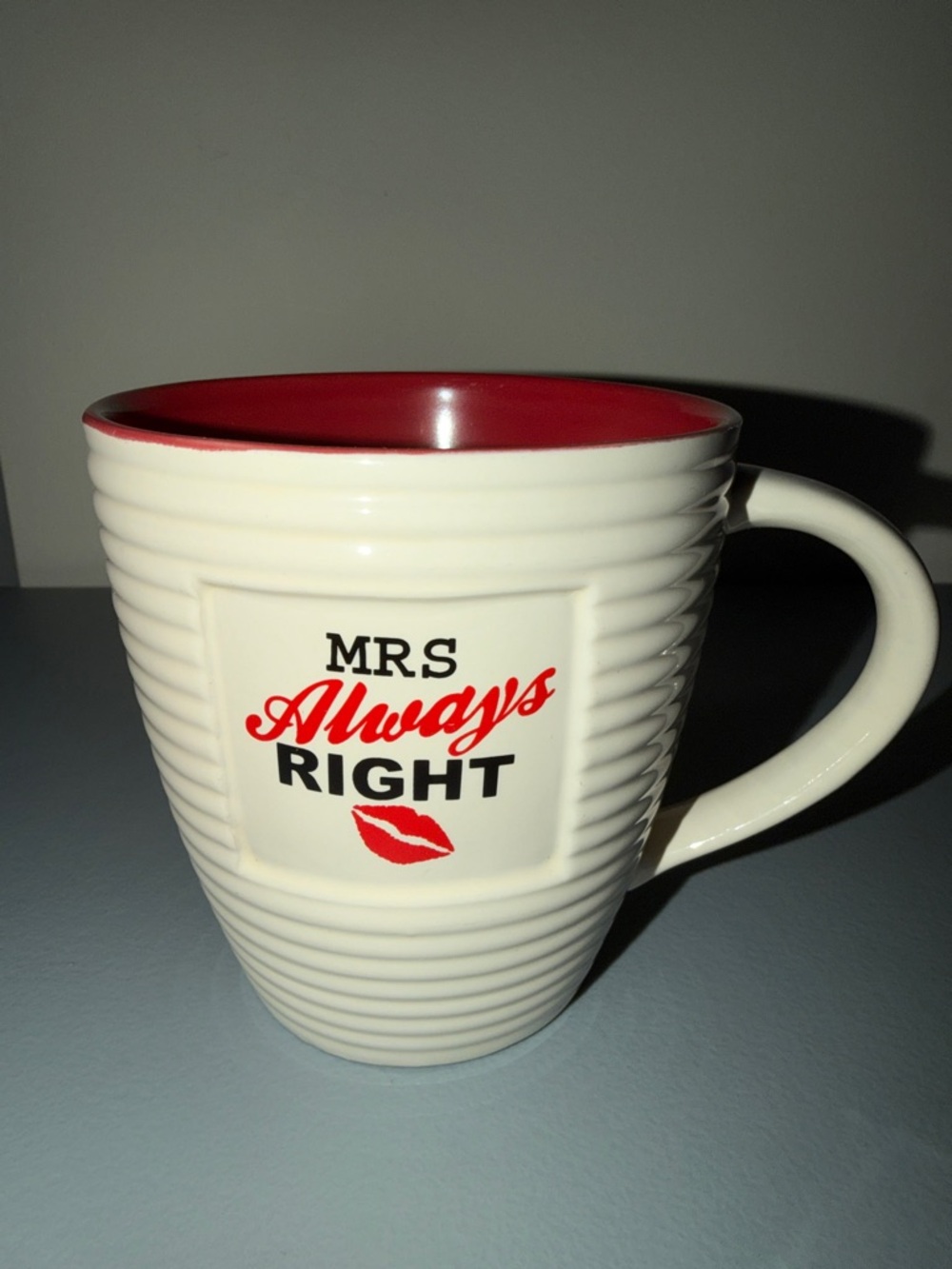 White Ceramic 'Mrs Always Right' Mug with Red Interior